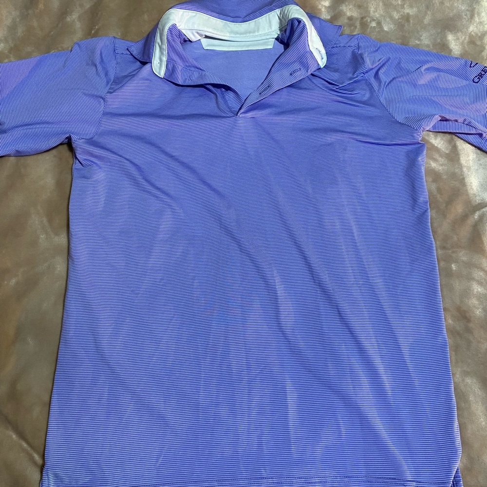Mens medium golf shirt, purple & white stripes